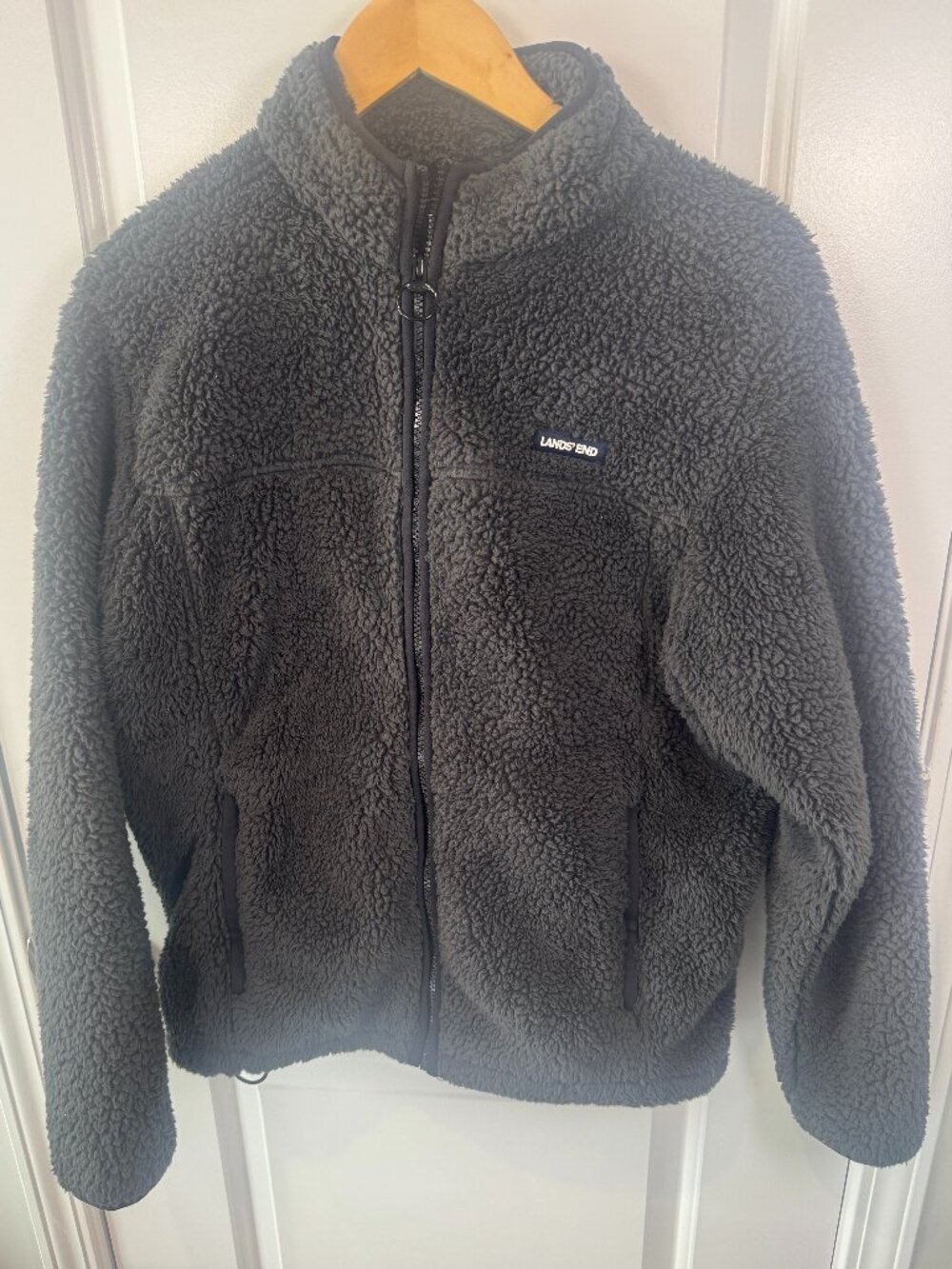 Lands End Charcoal Gray Sherpa Fleece Full Zip Jacket Coat Puffy Warm Winter S
